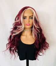Load image into Gallery viewer, “Berry Nice” - Long Berry &amp; Blonde Color Premium Fiber Lace Front Wig - Daily Wear/ Dance/Wedding/Event Wig 🍓🤍