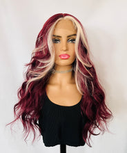 Load image into Gallery viewer, “Berry Nice” - Long Berry &amp; Blonde Color Premium Fiber Lace Front Wig - Daily Wear/ Dance/Wedding/Event Wig 🍓🤍