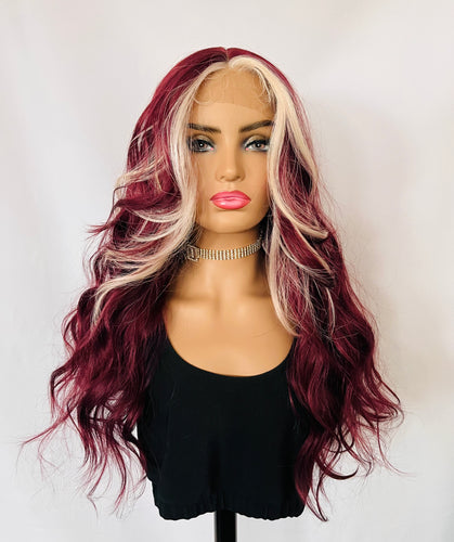 “Berry Nice” - Long Berry & Blonde Color Premium Fiber Lace Front Wig - Daily Wear/ Dance/Wedding/Event Wig 🍓🤍