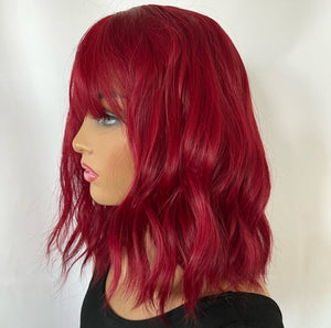 “Cherrie” - Deep Red “Put On & Go” Synthetic Wig with Bangs for Daily Wear / Cosplay / Events