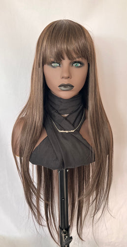 “Meggan” - Long Brown or Blonde Mix Premium Fiber Straight Wig with Bangs