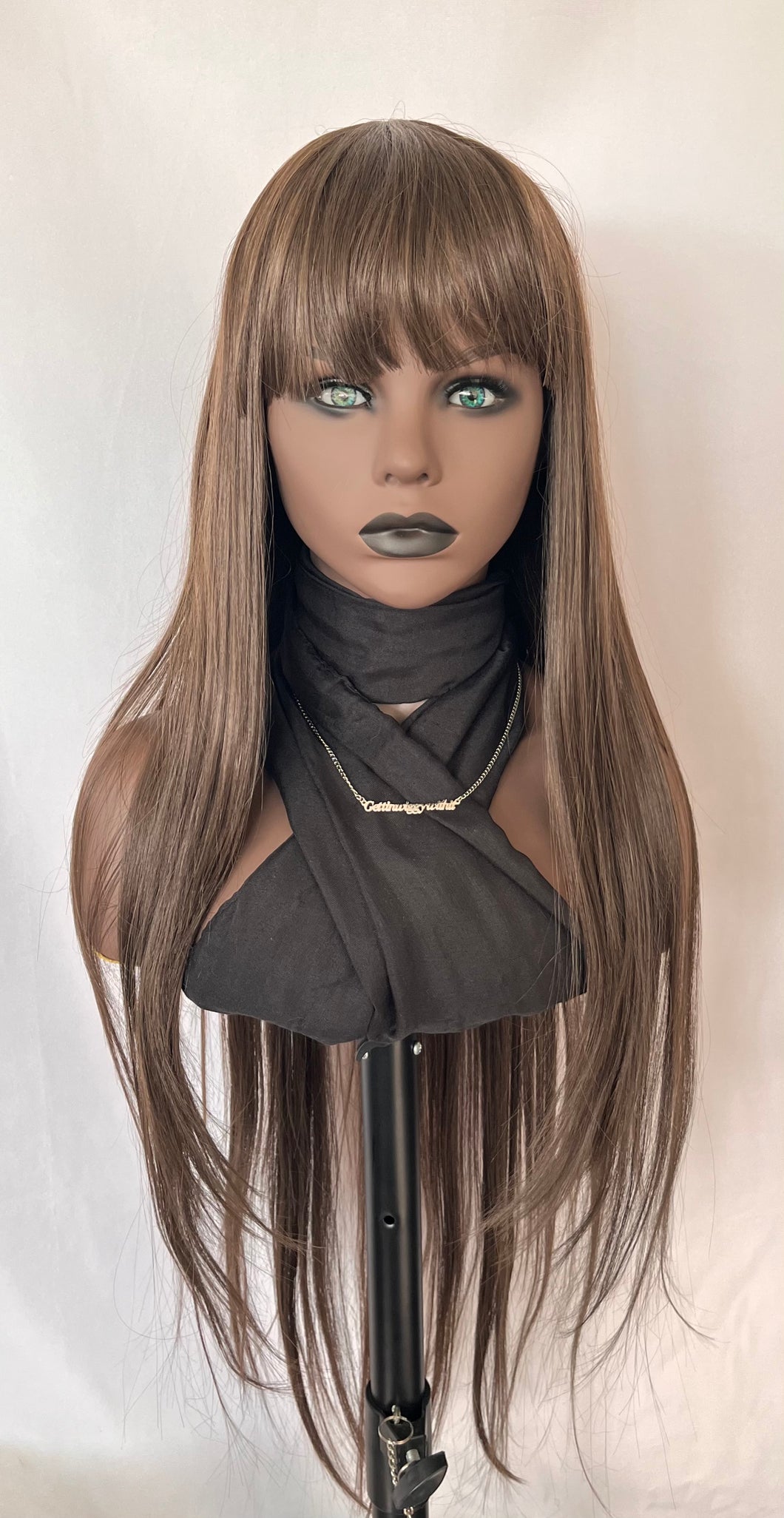 “Meggan” - Long Brown or Blonde Mix Premium Fiber Straight Wig with Bangs