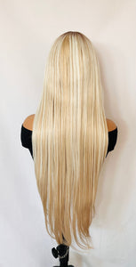 “Meggan” - Long Brown or Blonde Mix Premium Fiber Straight Wig with Bangs