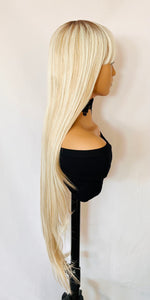 “Meggan” - Long Brown or Blonde Mix Premium Fiber Straight Wig with Bangs
