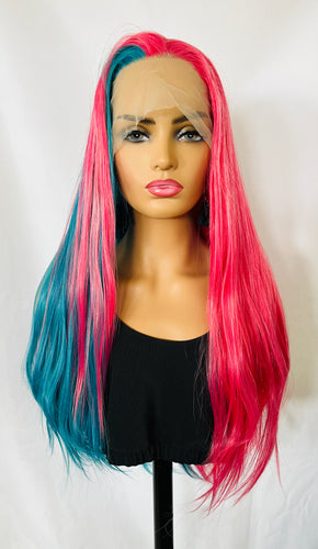 “Miami” - 28” Blue Pink 13x2.5 Long Straight Premium Fiber Wig for Cosplay/Drag Queens/Events