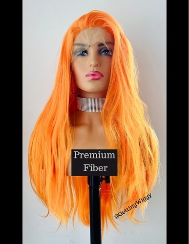 “Orange Soda” - Long Straight 13x2.5 Lace Front Premium Fiber Wig in Orange for Events/Gaming/Drag💄