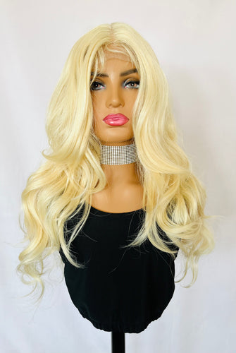 “Pamela” Blonde or Unicorn Color 28” Synthetic Lace Front Loose Curl Wig