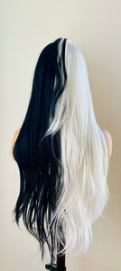 “Kennedy” - Long 30” Black & White 13x2.5 Lace Front Premium Synthetic Canada Wig for Cosplay/Drag/Events