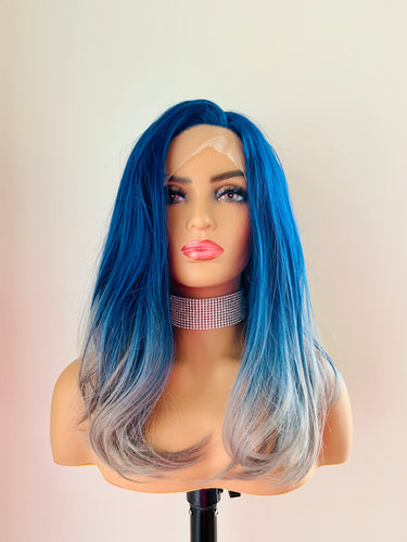 “Toni” - 14” Blue & Grey 13x2.5 Lace Front Synthetic Wig for Everyday/Cosplay/Drag