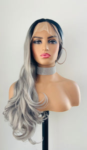 “Gracie” - 26”-28” Ombre Grey 13x3 Lace Front Premium Fiber Wig for Daily Wear/Cosplay/Drag💄