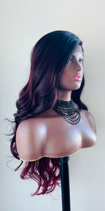 “Madison” - 28” Long Wavy Black Burgundy Premium Fiber Lace Front Canada Wig for Daily Wear or Events