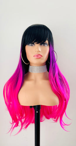 “Fantasia” - 26” Purple & Pink Wig with Bangs for Everyday/Cosplay/Drag