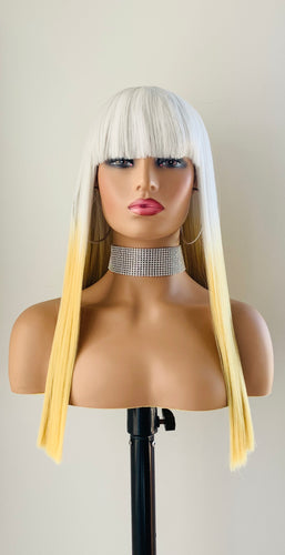 “Trixie” - 18” Platinum Yellow/Plum or Banana Yellow Synthetic Wigs with Bangs/Clearance