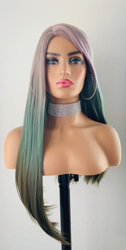 “Cheyenne”-Long Straight “Put On & Go” Pastel Pink/Green Synthetic Wig for Events/Cosplay/Gaming…