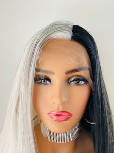 “Kennedy” - Long 30” Black & White 13x2.5 Lace Front Premium Synthetic Canada Wig for Cosplay/Drag/Events