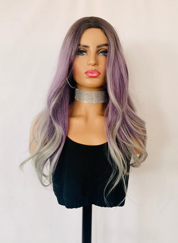 “Ashleigh” - Put On & Go Purple & Grey Long Body Wavy Synthetic Wig for Events/DailyWear/Cosplay