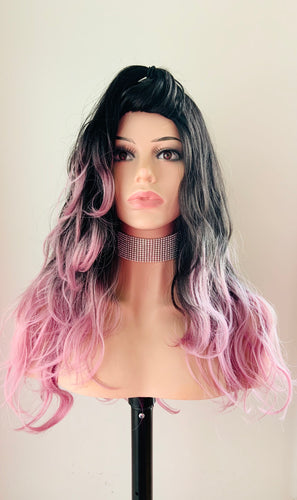 “Sarah” - 22” Black & Pink Loose Curl Synthetic Wig