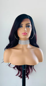 “Madison” - 28” Long Wavy Black Burgundy Premium Fiber Lace Front Canada Wig for Daily Wear or Events