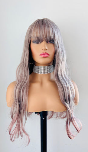 “Champagne” - 22” Long Wavy Ash Pink Synthetic Wig with Bangs