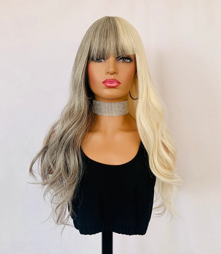 “Roxy” - 26” Long Ash Black & Blonde Premium Synthetic Wig with Bangs