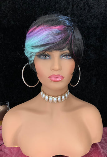 “Misty” - Short Black Synthetic Wig with Pastel Pink & Blue Highlights