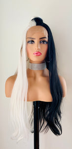 “Kennedy” - Long 30” Black & White 13x2.5 Lace Front Premium Synthetic Canada Wig for Cosplay/Drag/Events