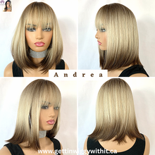 Load image into Gallery viewer, “Andrea” - Pretty Ombre Blonde Brown “Put On &amp; Go” Short Synthetic Fiber Wig with Bangs