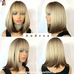 “Andrea” - Pretty Ombre Blonde Brown “Put On & Go” Short Synthetic Fiber Wig with Bangs