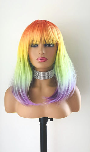 “Addison” - 16” Unicorn Color “Put On & Go” Synthetic Wig with Bangs for Pride/Cosplay/Drag