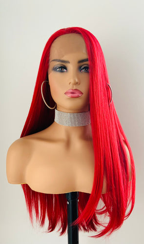 “Red Hot” - 26” Long Straight Deep Red Synthetic Lace Front Wig