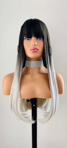 “Icsolene” - 22” Long Black & Grey Wig with Bangs