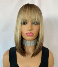 Load image into Gallery viewer, “Andrea” - Pretty Ombre Blonde Brown “Put On &amp; Go” Short Synthetic Fiber Wig with Bangs