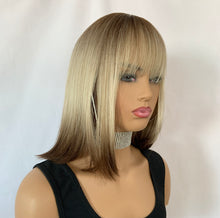 Load image into Gallery viewer, “Andrea” - Pretty Ombre Blonde Brown “Put On &amp; Go” Short Synthetic Fiber Wig with Bangs