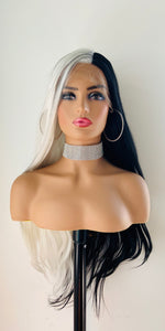 “Kennedy” - Long 30” Black & White 13x2.5 Lace Front Premium Synthetic Canada Wig for Cosplay/Drag/Events