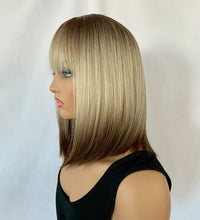 Load image into Gallery viewer, “Andrea” - Pretty Ombre Blonde Brown “Put On &amp; Go” Short Synthetic Fiber Wig with Bangs