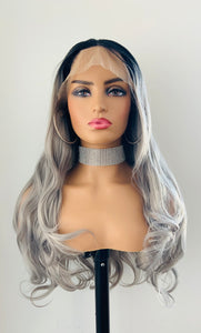 “Gracie” - 26”-28” Ombre Grey 13x3 Lace Front Premium Fiber Wig for Daily Wear/Cosplay/Drag💄