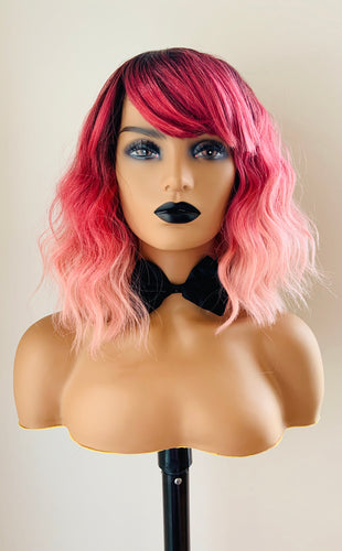 “Ruby” - Short 12” Ombre Pink Fuchsia Wig with Bangs for Everyday/Cosplay/Drag