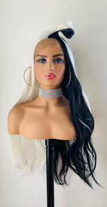 “Kennedy” - Long 30” Black & White 13x2.5 Lace Front Premium Synthetic Canada Wig for Cosplay/Drag/Events