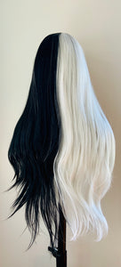 “Kennedy” - Long 30” Black & White 13x2.5 Lace Front Premium Synthetic Canada Wig for Cosplay/Drag/Events