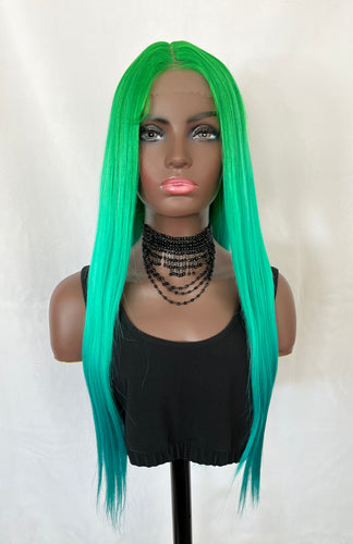 “Noelie”-28” Long Straight Premium Synthetic Lace Front Wig in Mermaid Green/Unicorn/Caramel