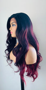 “Madison” - 28” Long Wavy Black Burgundy Premium Fiber Lace Front Canada Wig for Daily Wear or Events