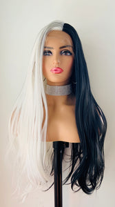 “Kennedy” - Long 30” Black & White 13x2.5 Lace Front Premium Synthetic Canada Wig for Cosplay/Drag/Events