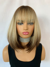 Load image into Gallery viewer, “Andrea” - Pretty Ombre Blonde Brown “Put On &amp; Go” Short Synthetic Fiber Wig with Bangs