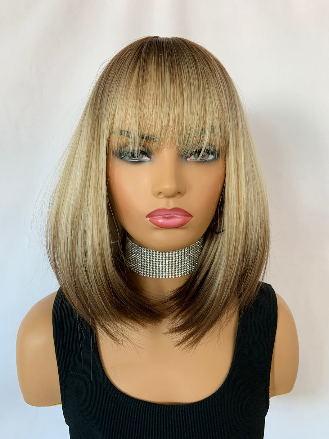 “Andrea” - Pretty Ombre Blonde Brown “Put On & Go” Short Synthetic Fiber Wig with Bangs